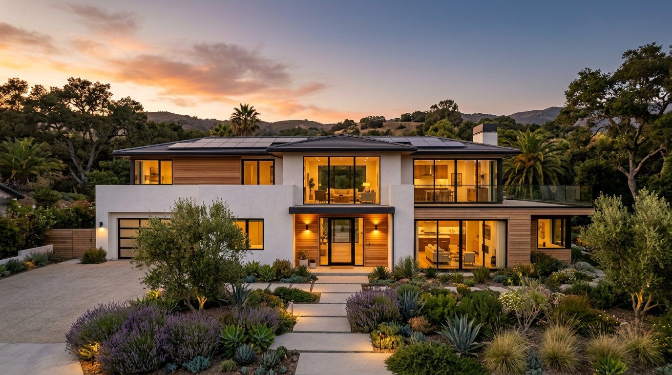 Beautifully renovated modern home with landscaped garden at golden hour